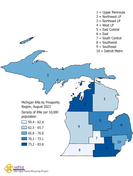 Michigan map of RNs by prosperity region in 2023